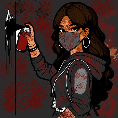 realistic girl with mask spray painting a wall