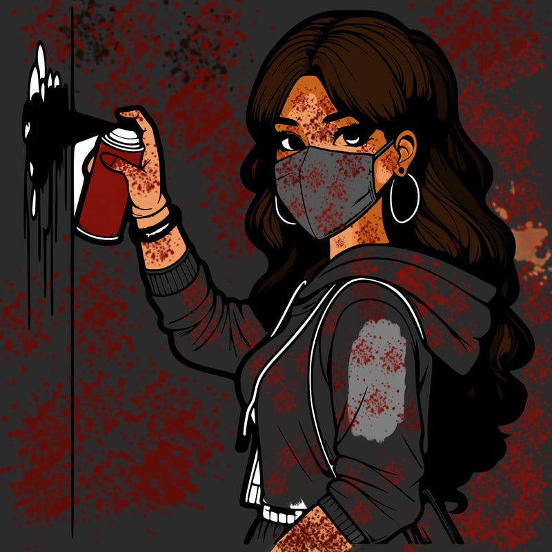 realistic girl with mask spray painting a wall