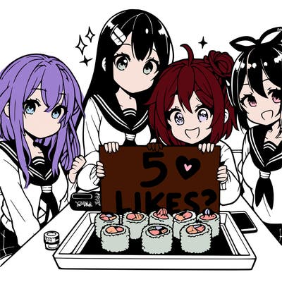 anime group of girls by sushi sign saying 5 likes?
