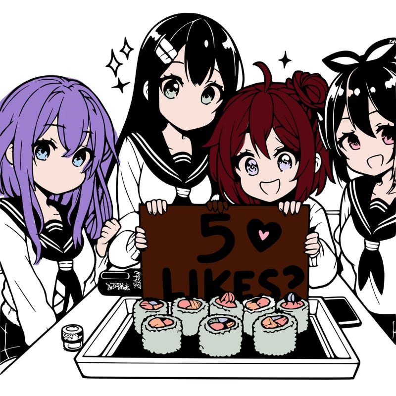 anime group of girls by sushi sign saying 5 likes?