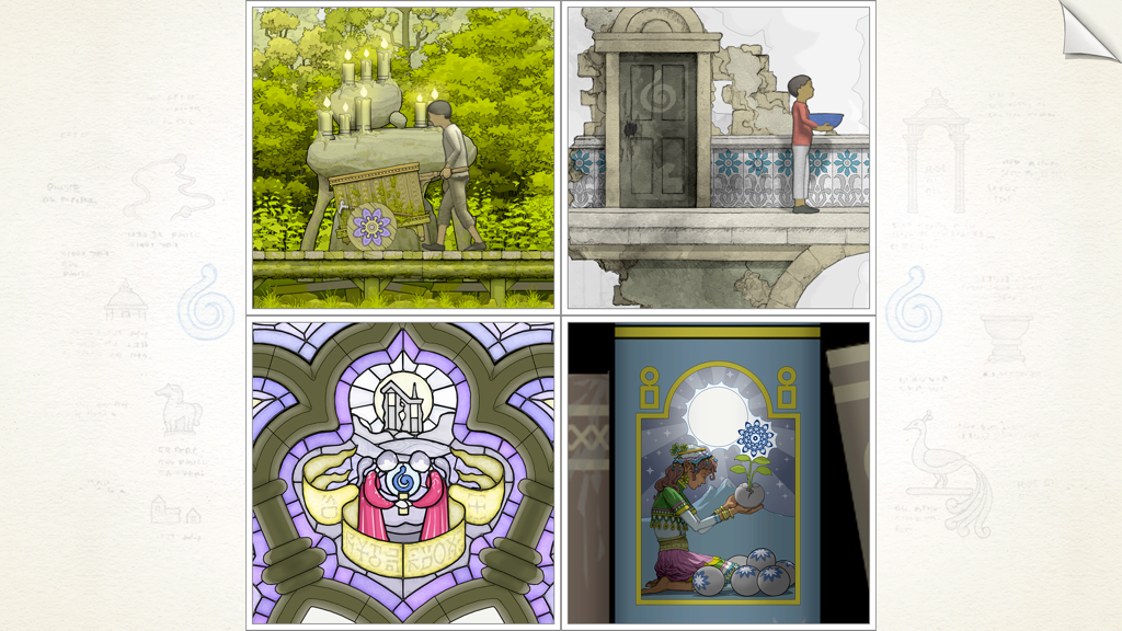 Gorogoa - A screen showing four unique hand-drawn puzzle panels in the game Gorogoa.