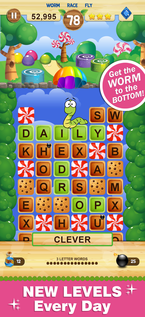 Word Wow - Help the worm down - Gameplay screenshot of Word Wow showing a worm character and letter tiles used to solve word puzzles