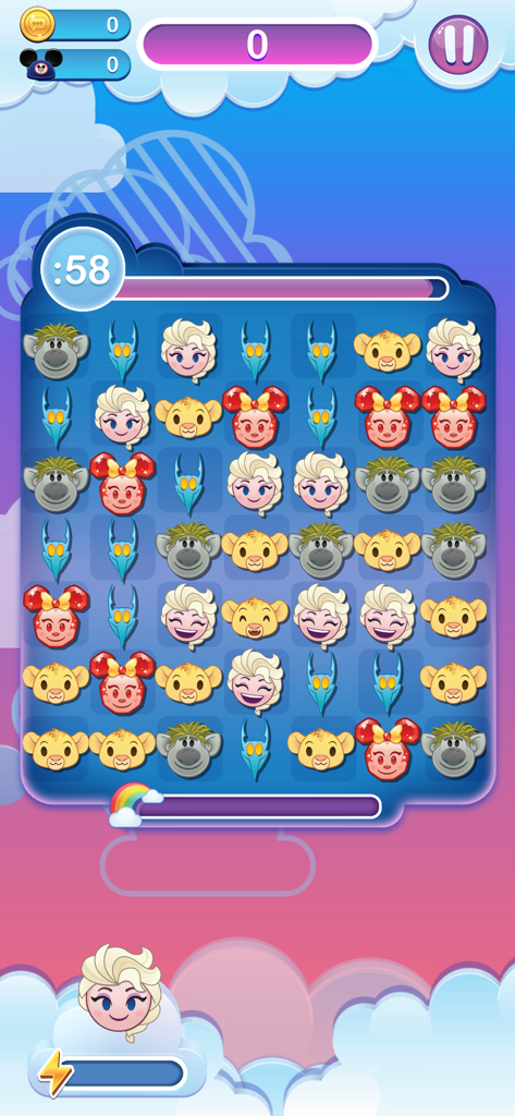 A match-3 game board from Disney Emoji Blitz featuring characters like Elsa and Simba.