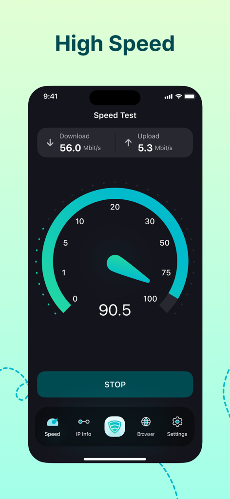 A smartphone interface showing high speed internet connection test results for a VPN app.