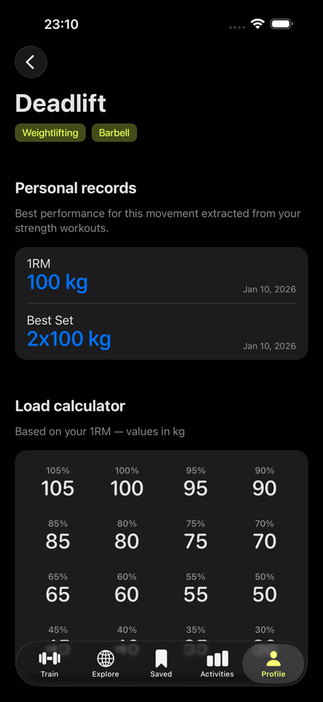 TopWOD : CrossFit Tracker - Interfaccia dell'app TopWOD che mostra i record personali di stacco da terra e un calcolatore del carico di peso 1RM