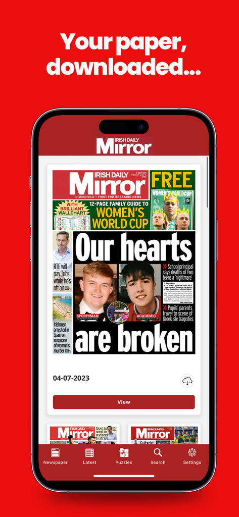 L'interface de l'application Irish Mirror Newspaper montrant une édition numérique répliquée sur un écran de smartphone.