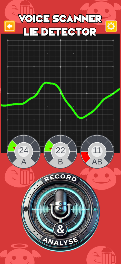 Lie Detector Test - Truth Dare - Tela do detector de mentiras por voz com gráfico de forma de onda e botão de gravação do microfone