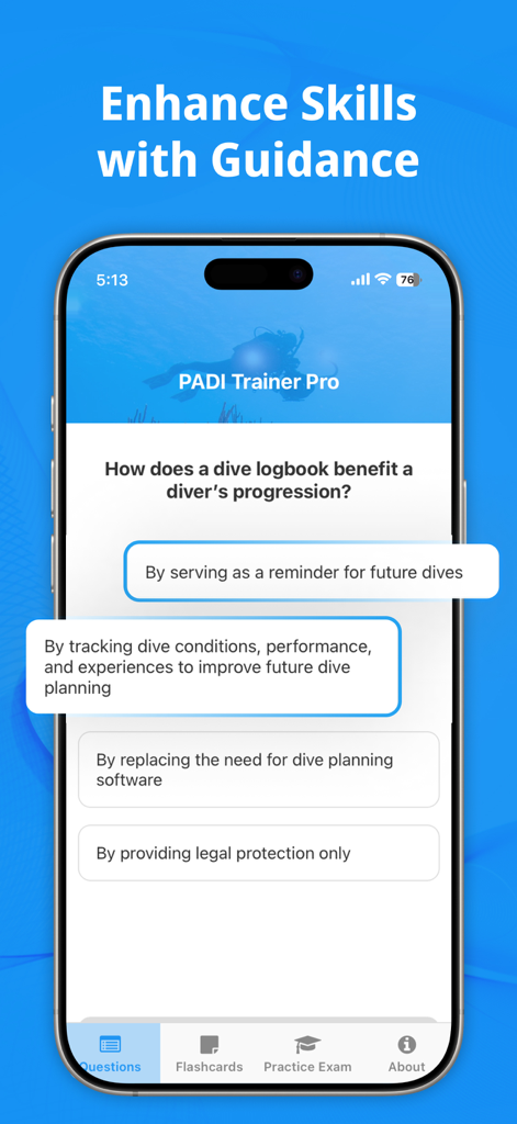 PADI Trainer Pro mobile app displaying a practice question about dive logbooks for scuba certification prep.