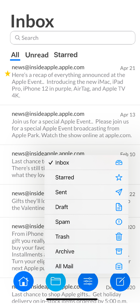 Mail App for Outlook - Inbox view of the Mail App for Outlook with an open folder navigation menu.