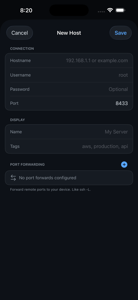 iSSH - The setup screen in the iSSH app for adding a new host with fields for hostname, username, port, and display name