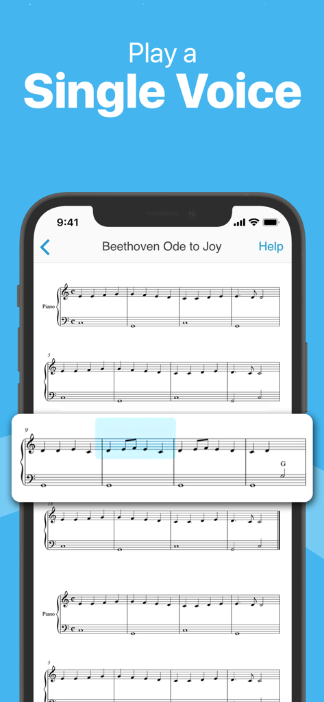 Sheet Music Scanner - Un smartphone affichant l'application Sheet Music Scanner jouant un extrait de l'Ode à la joie de Beethoven