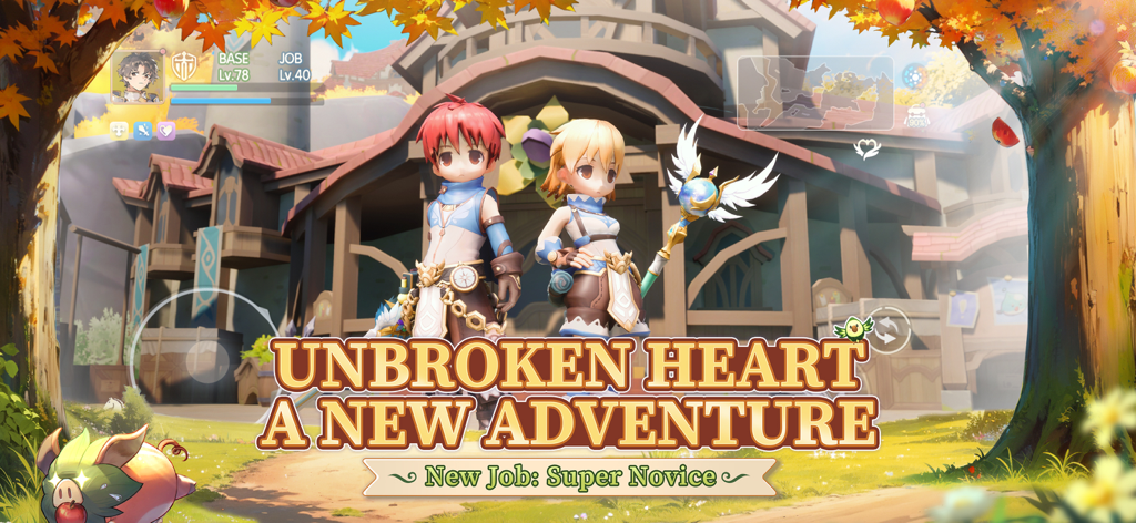 Dois personagens estilo anime em pé na Cidade de Hugel com texto promovendo a atualização da classe Super Novice em Ragnarok Origin ROO