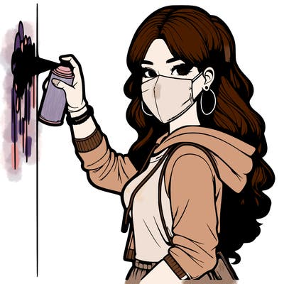 realistic girl with mask spray painting a wall