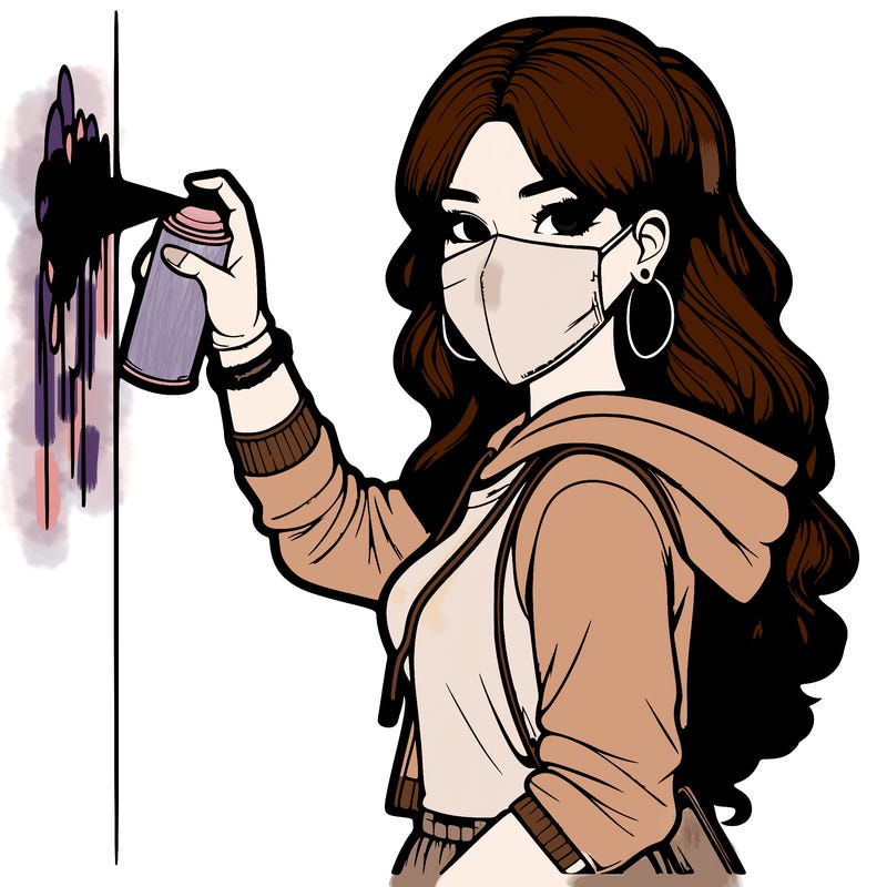 realistic girl with mask spray painting a wall