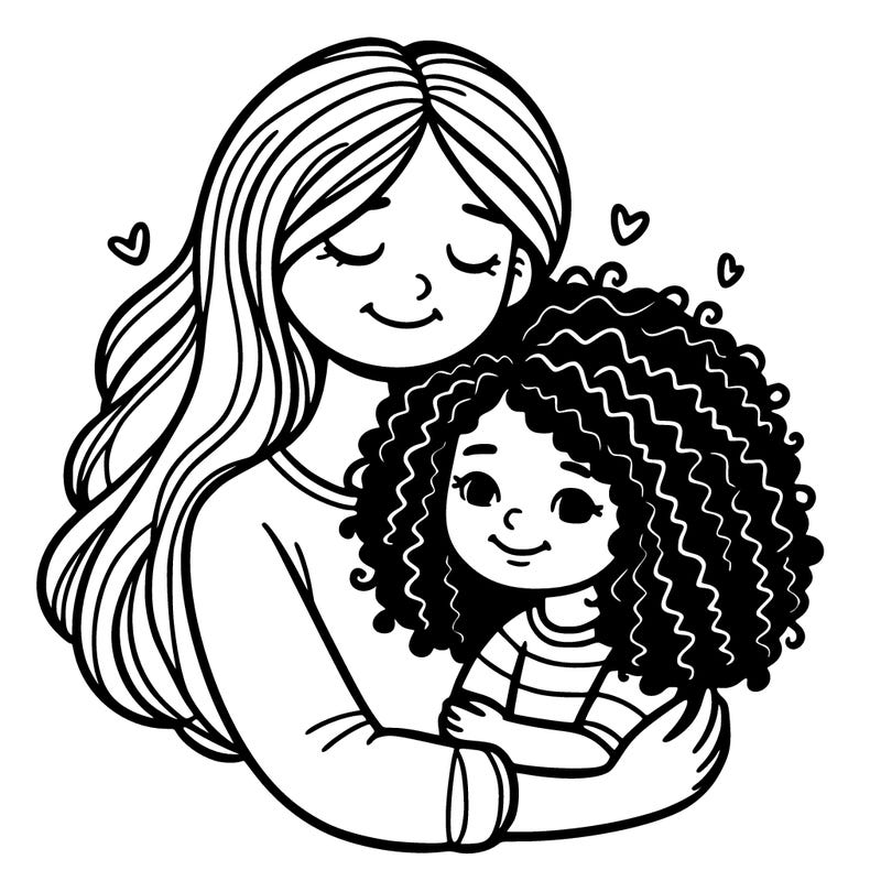 mom with straight hair daughter with curly hair hugging