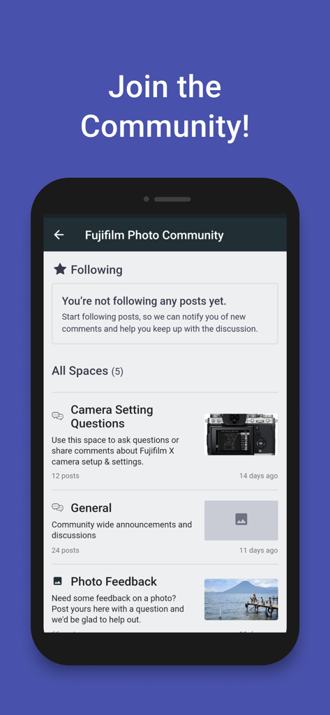 Peltier Photo Courses - Peltier Photo Courses community screen showing discussion forums for Fujifilm photographers
