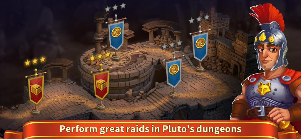 Rise of the Roman Empire: Rome - Un centurión romano de pie junto a un mapa de mazmorra de piedra con pancartas de misión y recompensas de estrellas doradas.