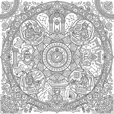 Embark on an extraordinary journey through time and space with this captivating Future Tourists Mandala coloring page. Discover futuristic explorers observing ancient artifacts and modern wonders, all woven into a stunning symmetrical design.