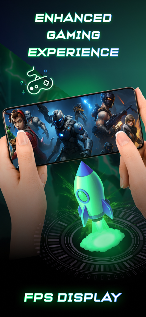 Game Booster: GFX Tool No Lag - A smartphone screen showing a high-performance gaming session with a rocket boost icon and FPS display text