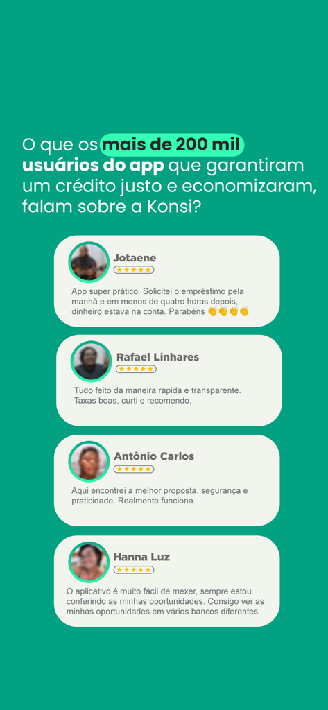Konsi | Empréstimo Consignado - Four positive user reviews with five star ratings highlighting the speed and security of the Konsi app