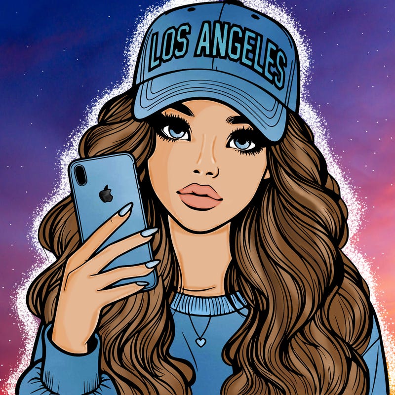 realistic beautiful girl wearing los ángeles cap holding an iphone