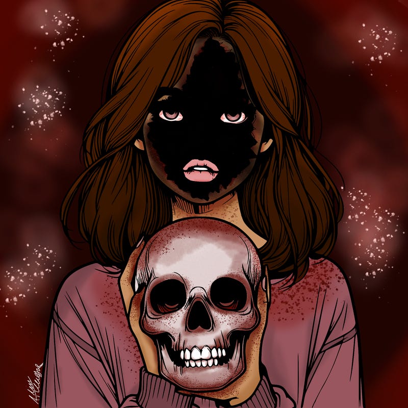 realistic girl holding a skull