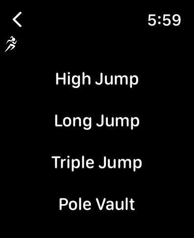 Apple Watch-Bildschirm mit dem Menü für Sprungveranstaltungen, einschließlich Hochsprung, Weitsprung, Dreisprung und Stabhochsprung.