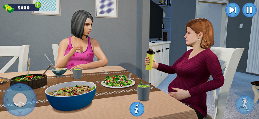A pregnant mother sitting at a dining table with a friend in a household management simulation game.