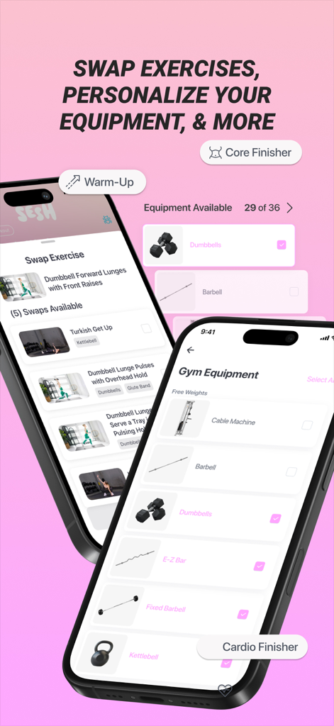 Sesh: Women Fitness & Workouts - Sesh app interface displaying exercise swapping and gym equipment selection for women's fitness.