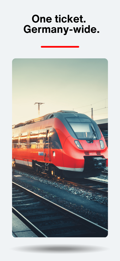 A red regional train at a station with the headline One ticket Germany-wide