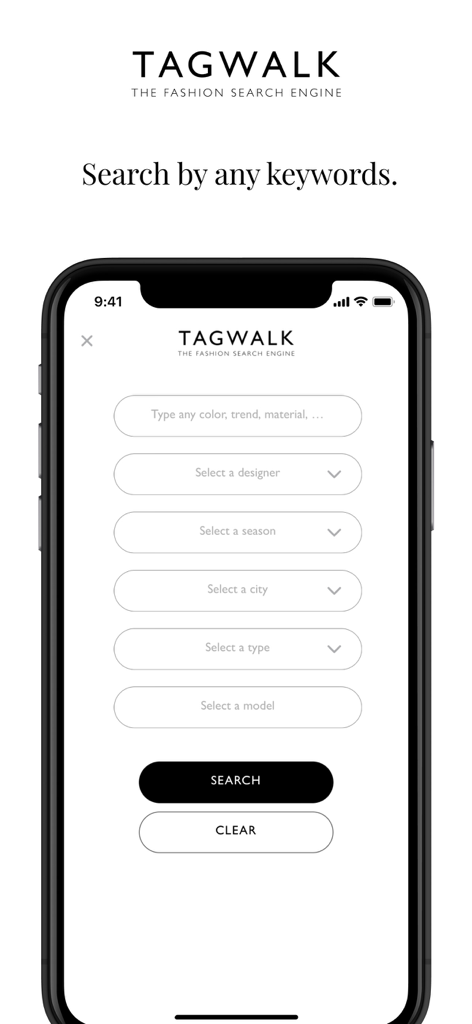 TAGWALK - Interface of the Tagwalk app showing search filters for keywords designers seasons and cities
