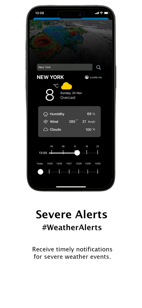 Radar Omega Weather - Forecast - Radar Omega Weather app screen showing severe weather alerts and New York forecast data