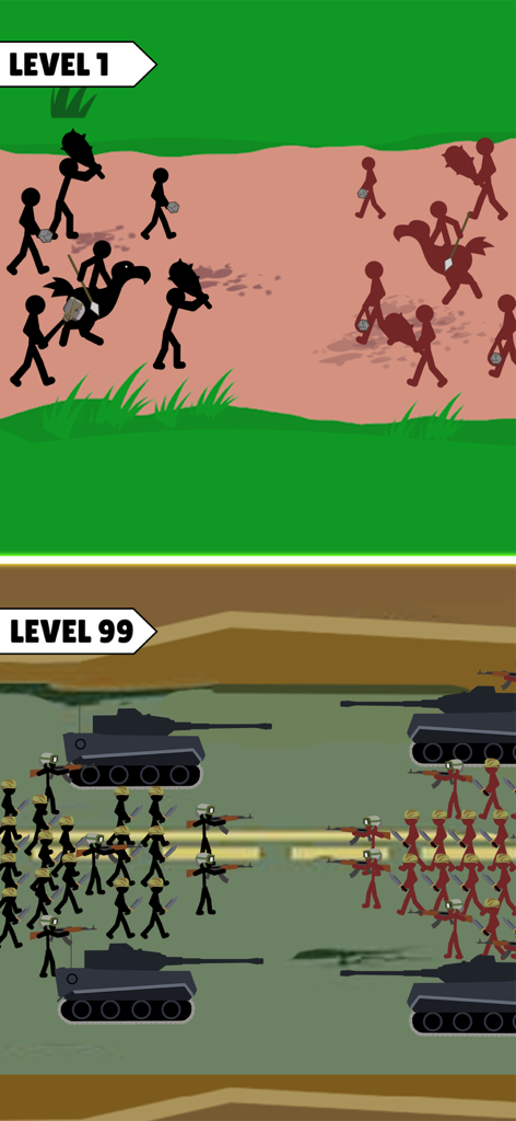 Side by side comparison of level 1 with stone age stickmen and level 99 with modern tanks and soldiers