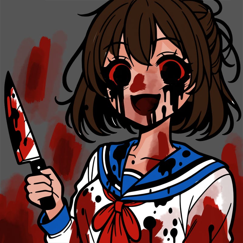 anime styled girl smiling holding a knife and covered in blood