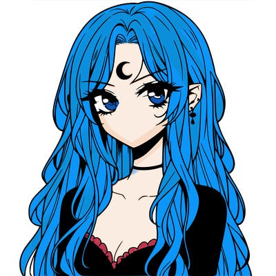 anime beautiful vampire mean girl, small crescent moon tattoo on forehead, long light hair, attitude