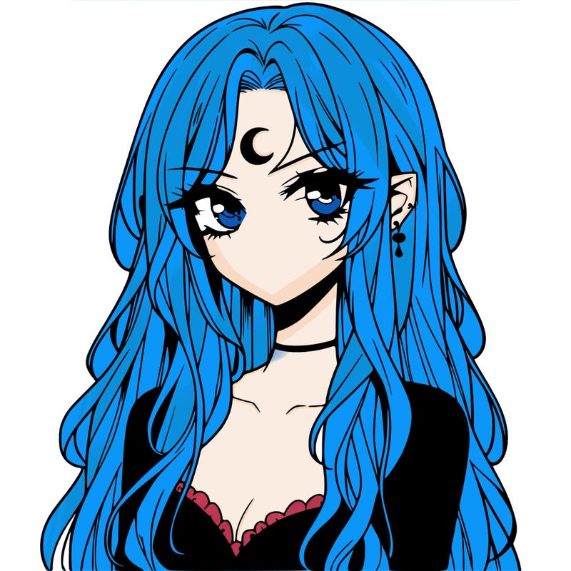 anime beautiful vampire mean girl, small crescent moon tattoo on forehead, long light hair, attitude