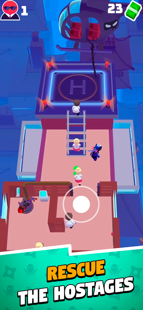 Stealth Master: Assassin Ninja - A ninja character rescuing hostages on a rooftop with a helicopter in the Stealth Master mobile game