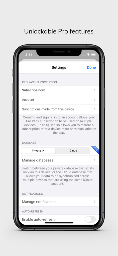 Tela de configurações do SEO Edge mostrando opções de assinatura do Pro Pack, sincronização de dados do iCloud e gerenciamento de banco de dados.