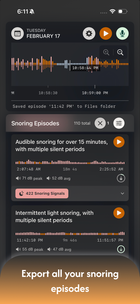 Snore Timeline - Snore Timeline app interface showing recorded snoring episodes with audio analysis and data export options