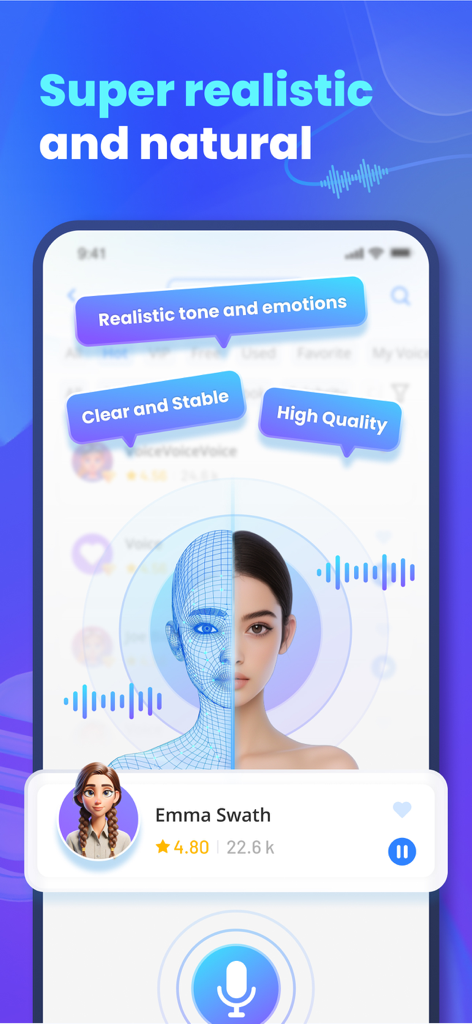 Interfaz de la aplicación VoxBox que muestra opciones de voz IA realistas y naturales con un perfil de personaje para Emma Swath.