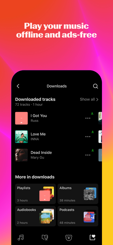 Yandex Music, books & podcasts - Captura de tela do aplicativo Yandex Music mostrando a seção de downloads com playlists de faixas offline e audiolivros
