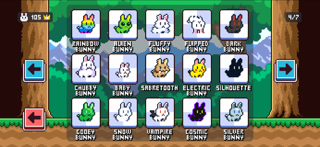 Poor Bunny! - Character selection screen in Poor Bunny showing various unlockable pixel art bunny skins like Rainbow Alien and Fluffy Bunny
