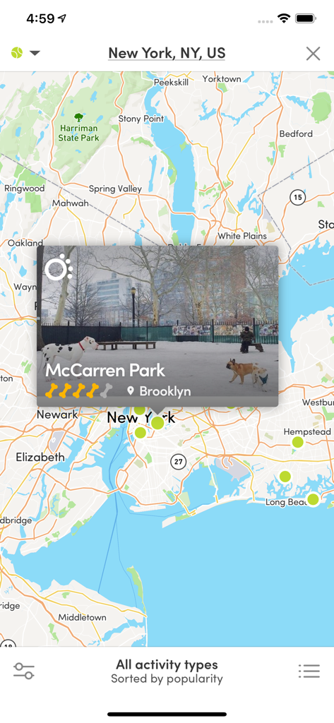 BringFido app map interface showing dog-friendly locations in New York and a preview of McCarren Park in Brooklyn.