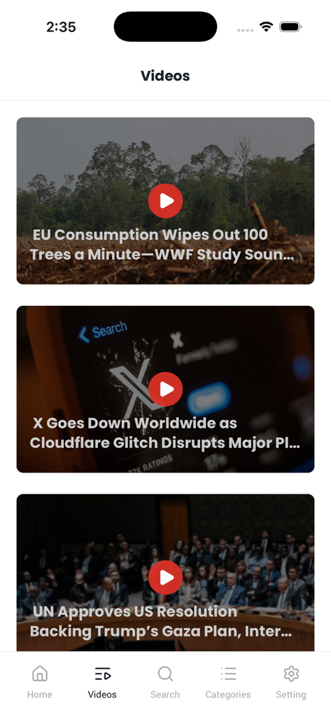 M World News - M World News app video section showing news headlines