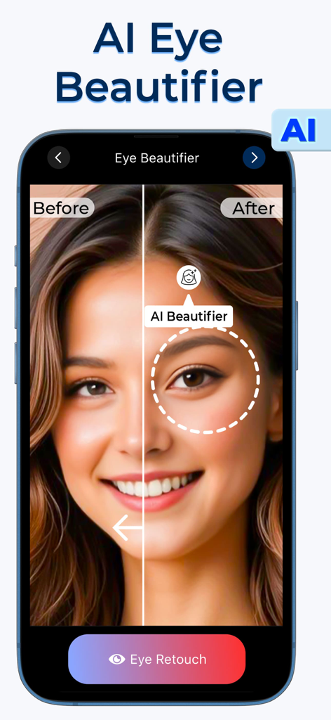 Hair Color Changer-Makeup Tool - Before and after comparison of the AI eye beautifier feature on a face