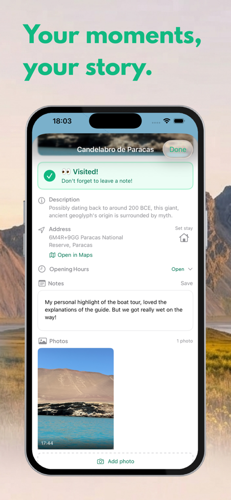 Vaga Travel - Vaga Travel app interface showing details and notes for a visited point of interest
