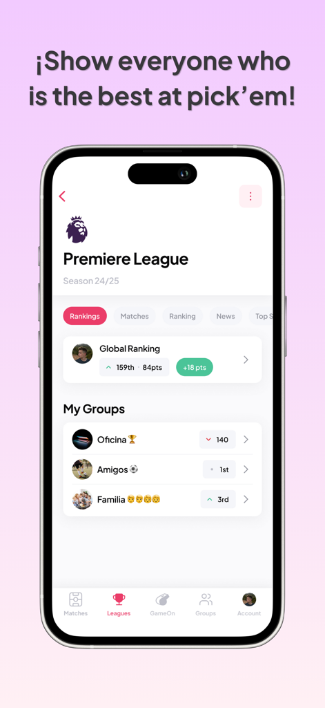 A mobile app screenshot of Soccer Pick'em showing Premier League global rankings and private groups for friends and family