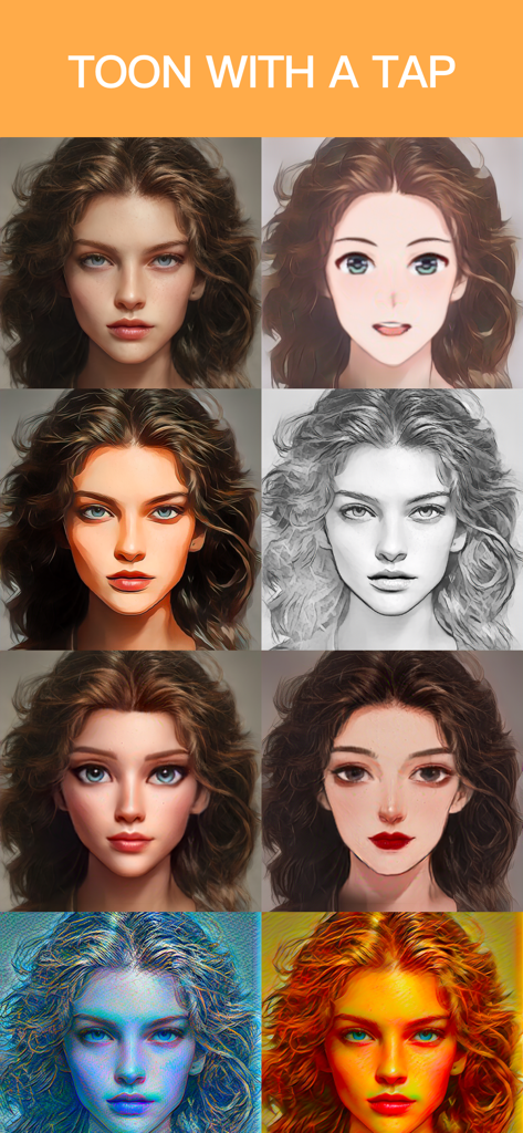 Cartoon face maker：Photo Art - 様々なカートゥーン、アニメ、スケッチフィルターで編集された女性の顔のグリッド