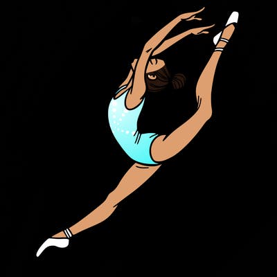 gymnast doing a leap in a leotard with a bent back leg