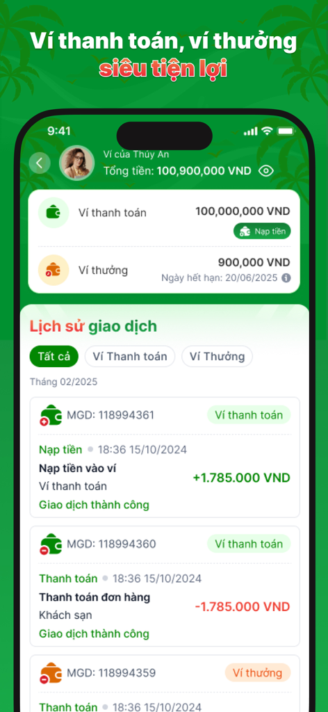 Rovi Travel - Interfaz de la aplicación Rovi Travel que muestra billeteras de pago y recompensas digitales con un historial de transacciones detallado en Dong vietnamita.
